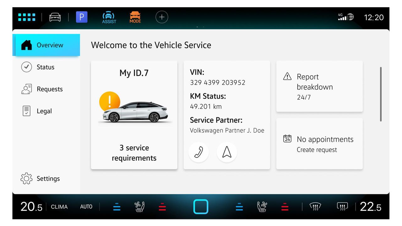 Екранът показва общ преглед в приложението In-Car Vehicle Service 