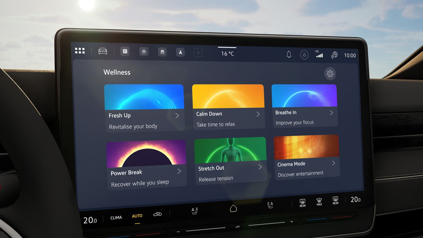 Das Bild zeigt das Infotainment System und die verschiedenen Wellness-Modi die zur Auswahl stehen.