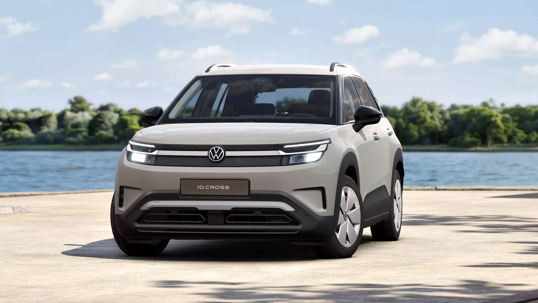 Изображението показва сив VW ID. Cross Trend във фронтална перспектива.