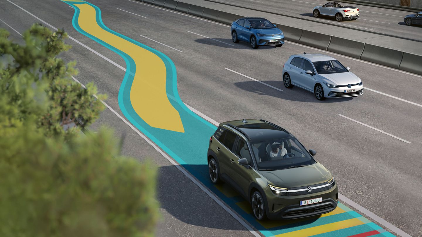 Илюстрацията схематично показва как работи Emergency Assist с помощта на зелен VW ID. Cross