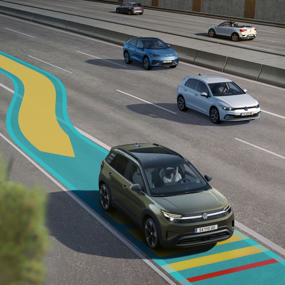 Илюстрацията схематично показва как работи Emergency Assist с помощта на зелен VW ID. Cross