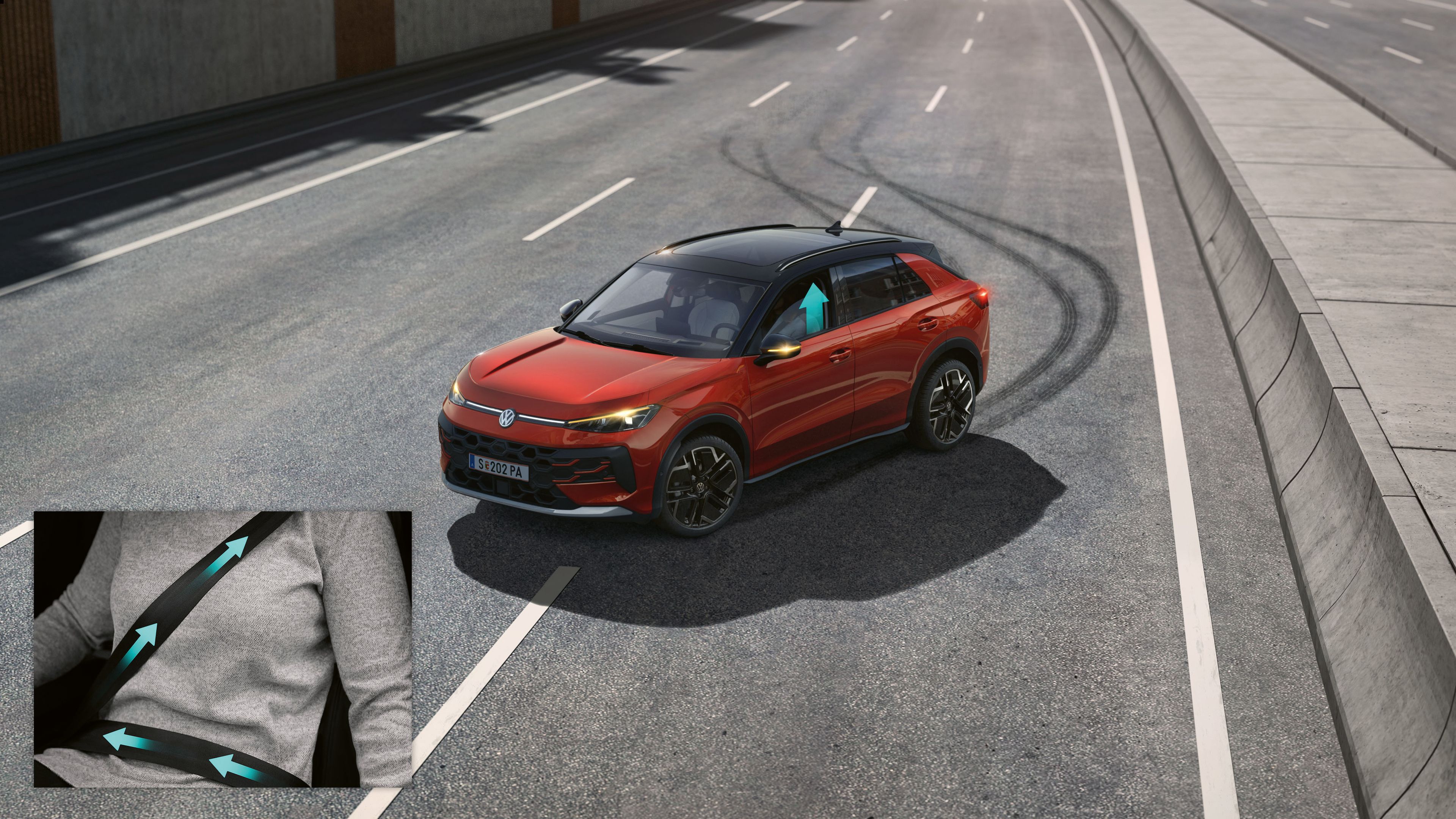 Червен Volkswagen ID.5 при тест на системи за безопасност с акцент върху активацията на предпазния колан