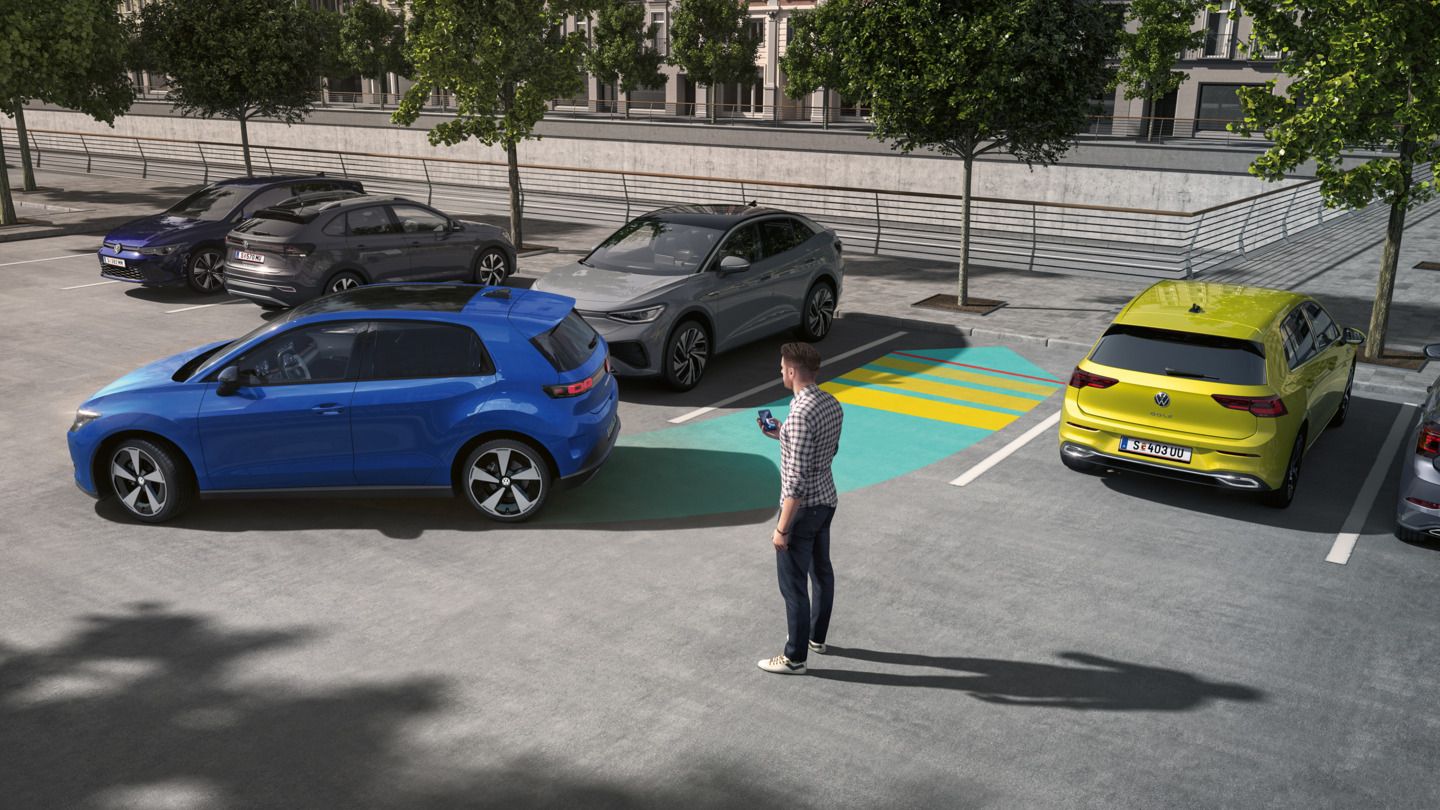 Илюстрацията схематично показва функционалността на Park Assist Pro с VW ID. Polo