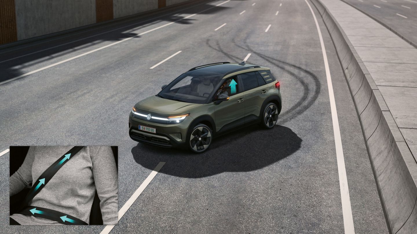 Илюстрацията показва схематично използване на VW ID. Cross, за да се покаже как работи проактивната система за защита на обитателите.