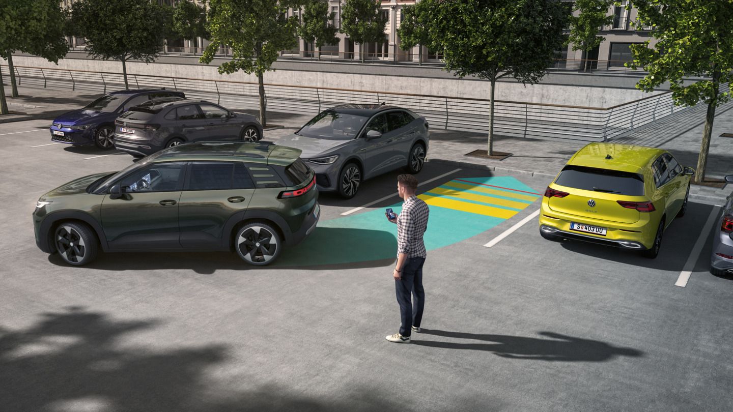 Илюстрацията схематично показва как работи Park Assist Pro с помощта на VW ID. Cross.