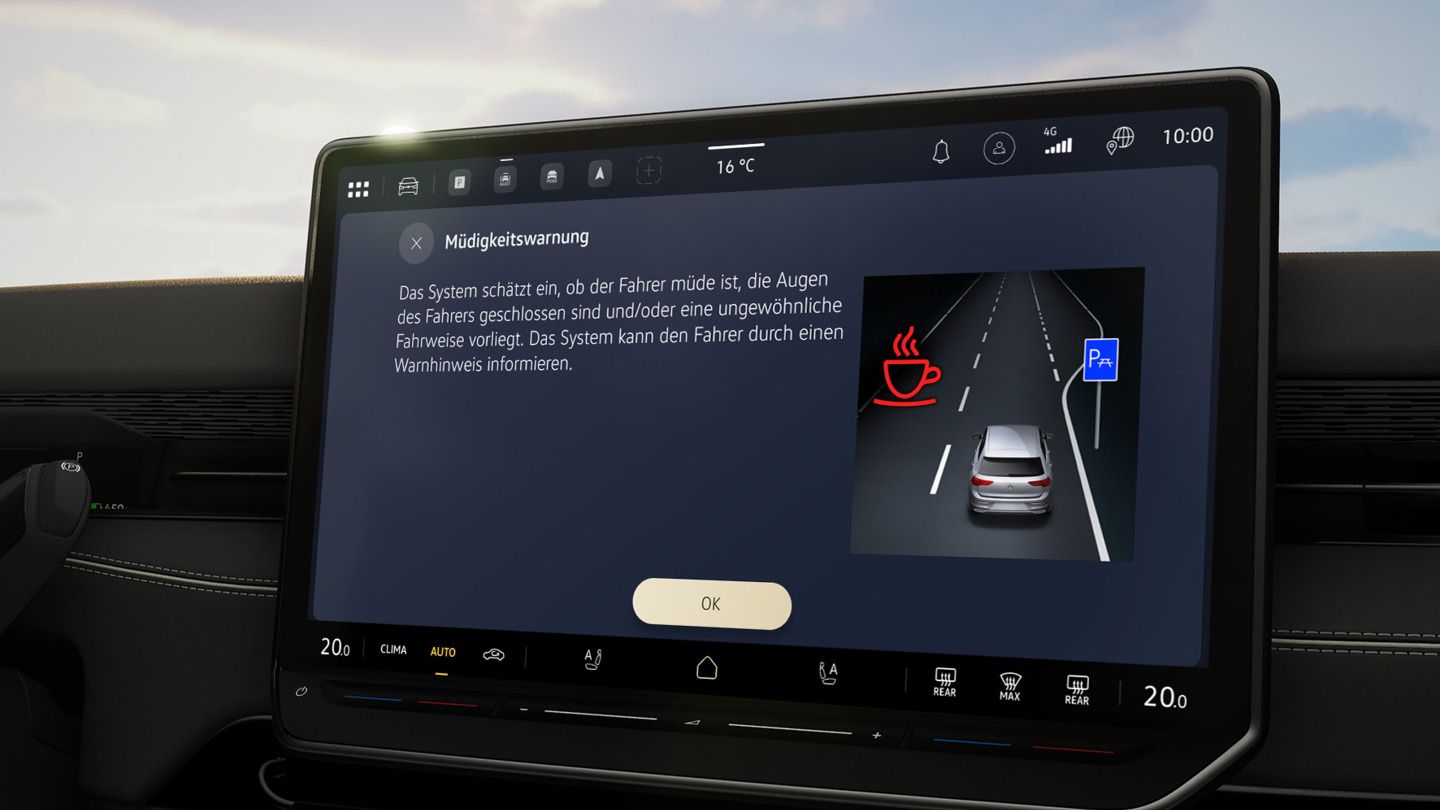 Das Bild zeigt das Infotainment System eines ID. Modells und die Funktion "Müdigkeitswarnung" 