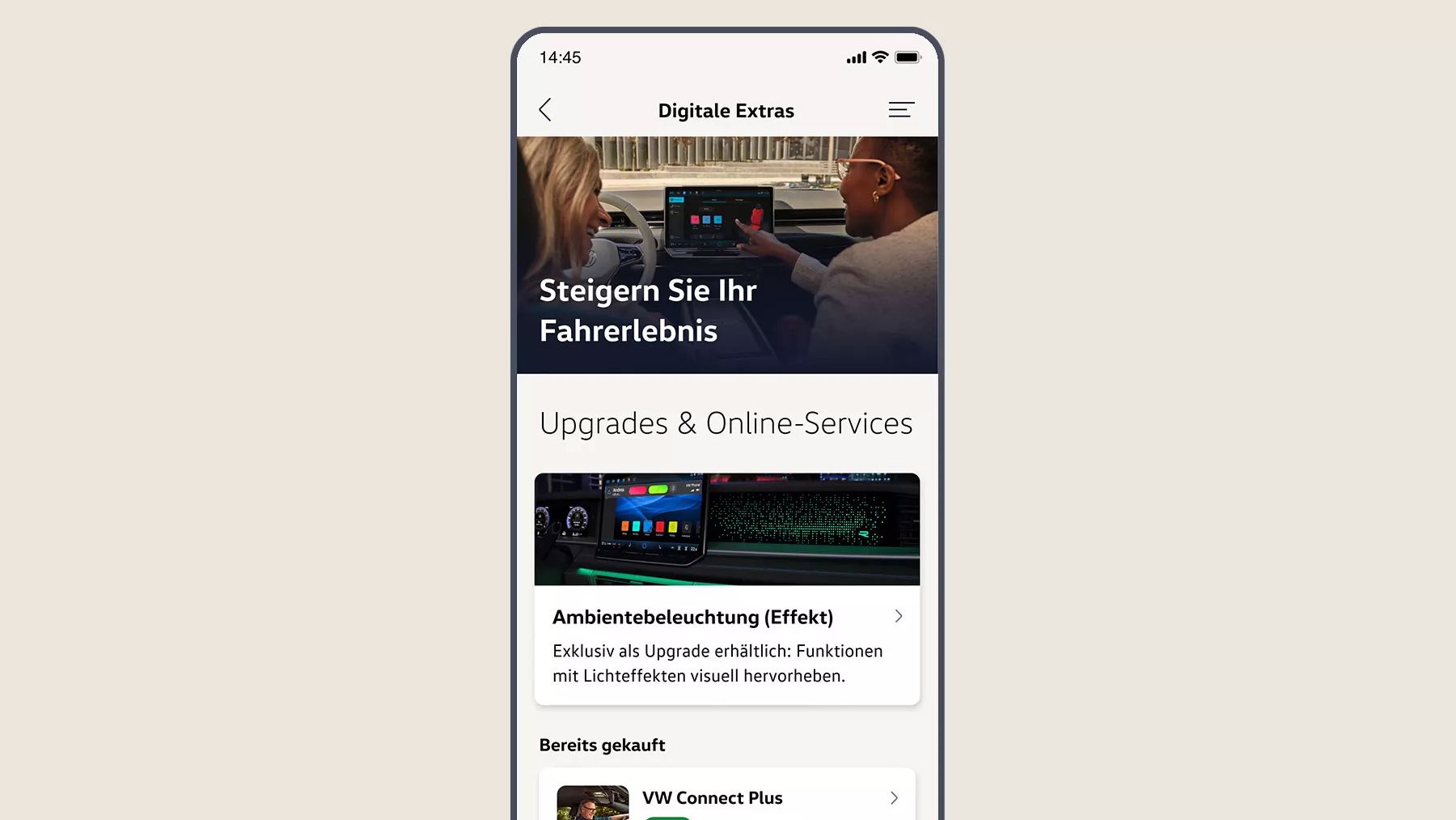 Изглед "Digital Extras" в приложението на Volkswagen с преглед на наличните ъпгрейди.