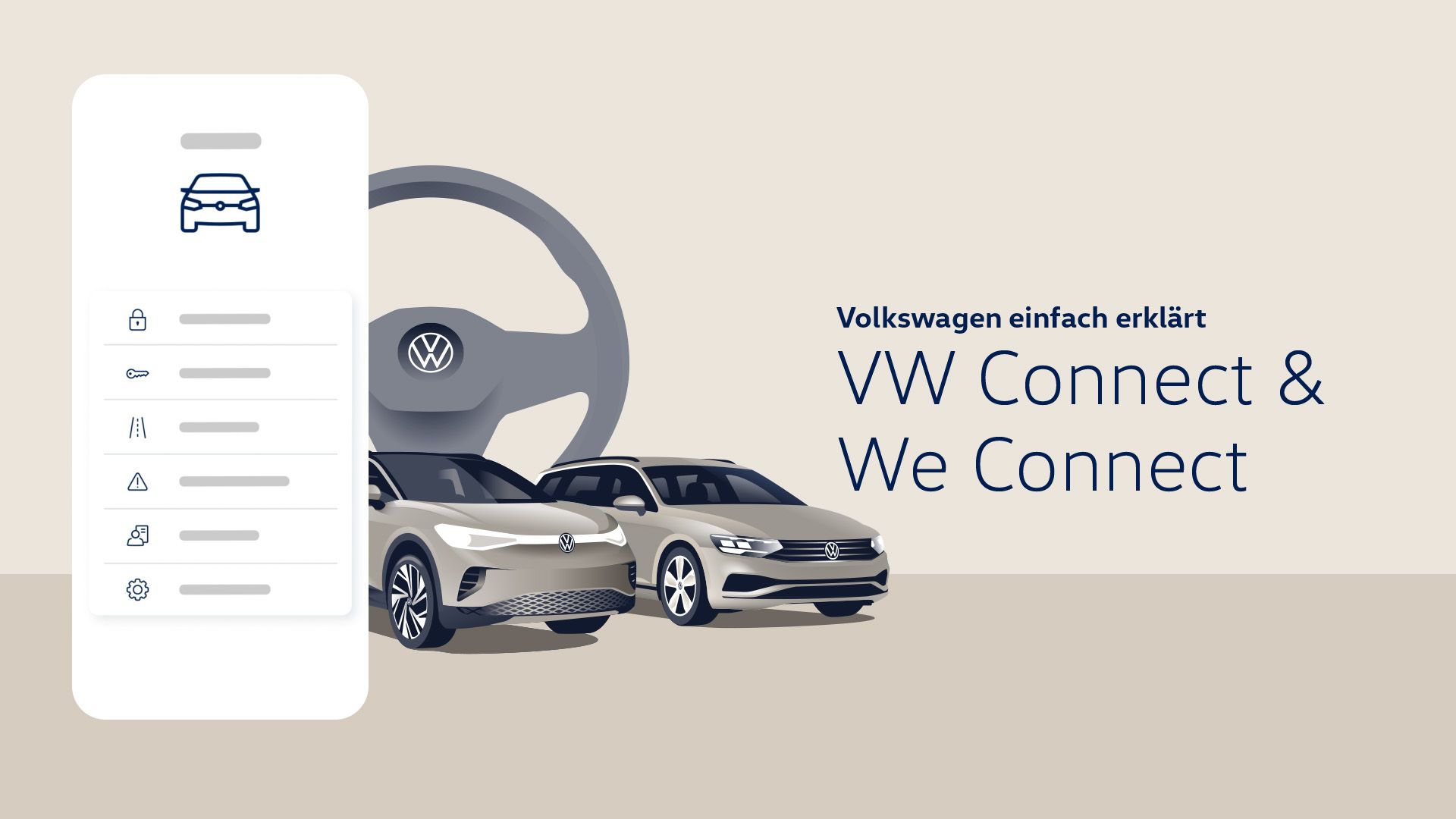 Илюстрация по темата за Volkswagen Connect и We Connect. На преден план има смартфон с икони и волан. На заден план са два автомобила Volkswagen.