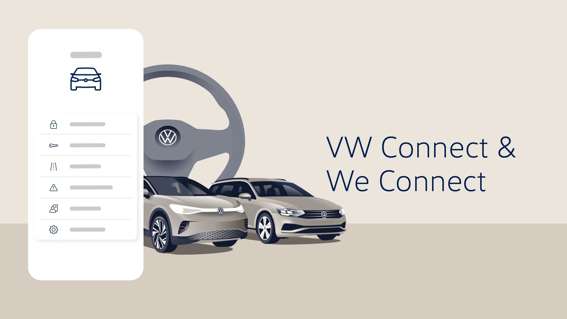 Илюстрация по темата за Volkswagen Connect и We Connect. На преден план има смартфон с икони и волан. На заден план са два автомобила Volkswagen.