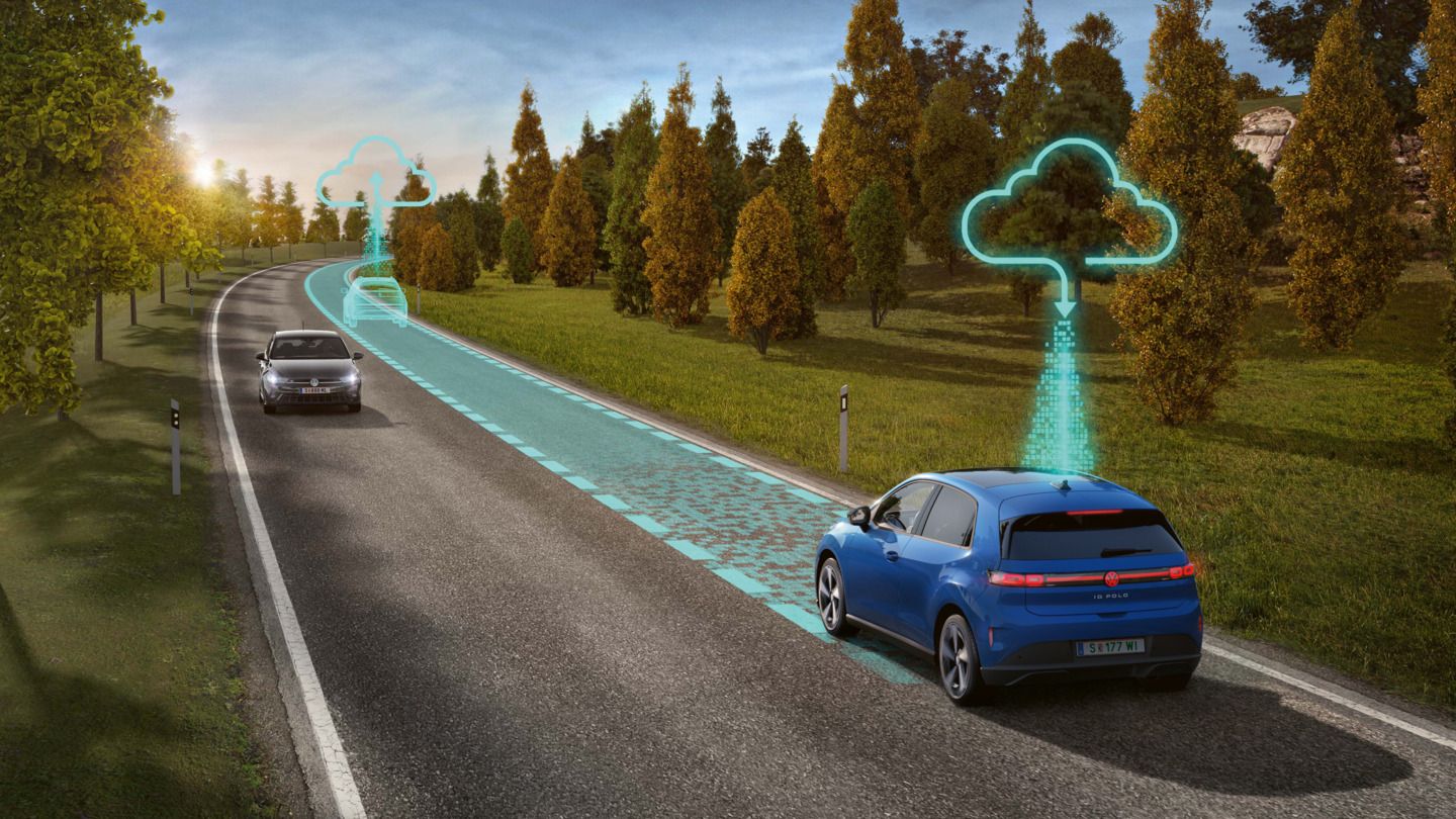 Илюстрацията схематично показва функционалността на Travel Assist с син VW ID. Polo