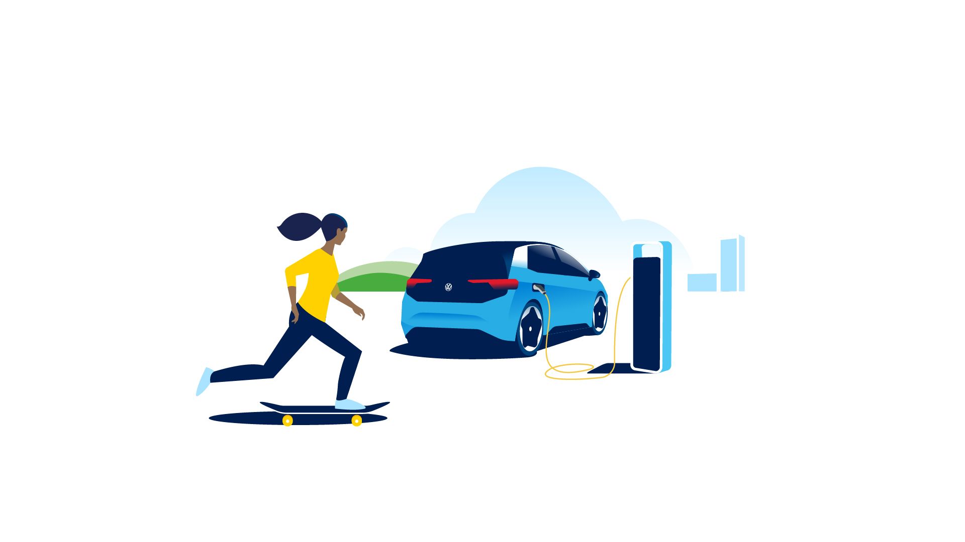 Жена преминава със скейтборд покрай зареждащ Volkswagen ID.3.