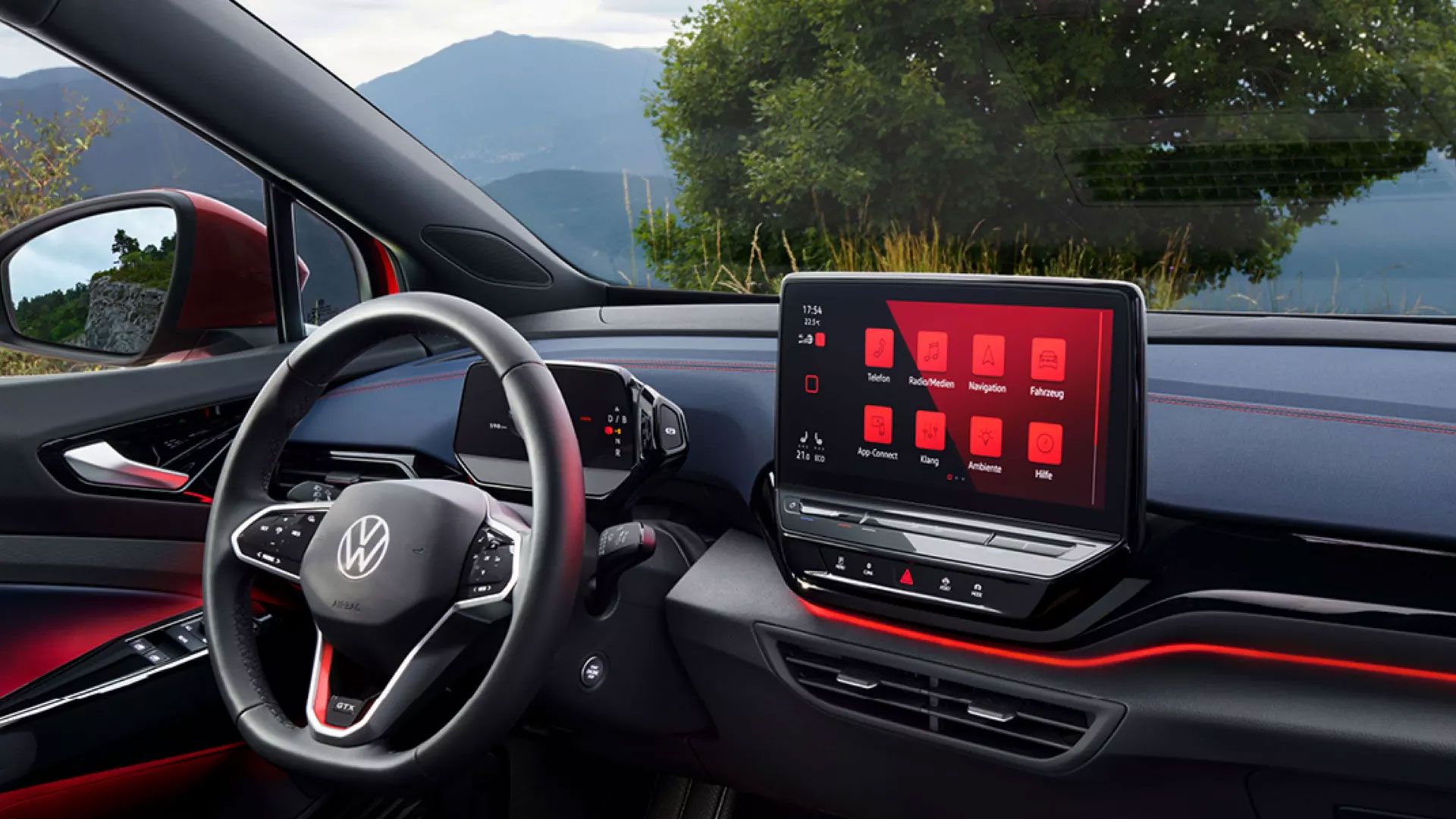 Изглед на волана и дисплея на информационно-развлекателната система на VW ID.