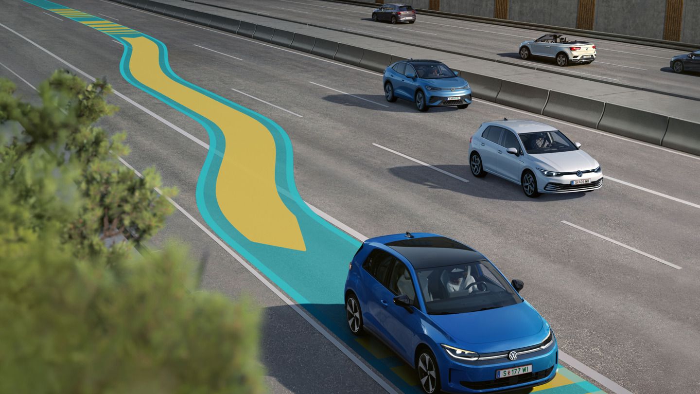 Илюстрацията схематично показва функционалността на Emergency Assist с помощта на син VW ID. Polo