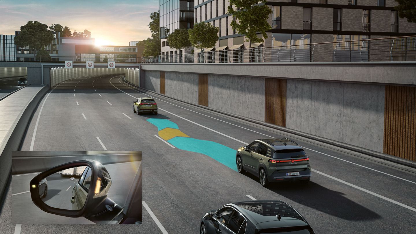 Илюстрацията схематично показва как работи Side Assist с помощта на VW ID. Cross.