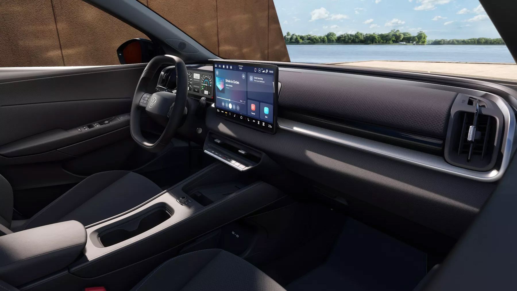 Изображението показва интериора на VW ID. Cross Style, видян откъм пътника на предната седалка.