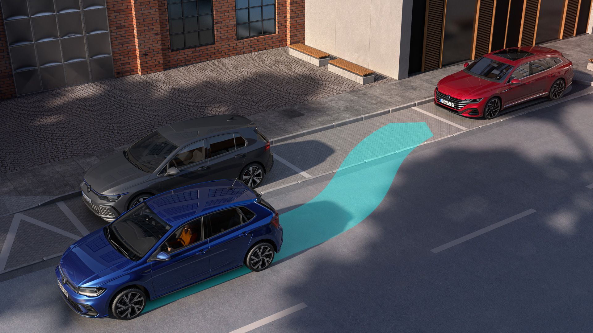 Графика, показваща как функционира "Park Assist"; във VW Polo. 