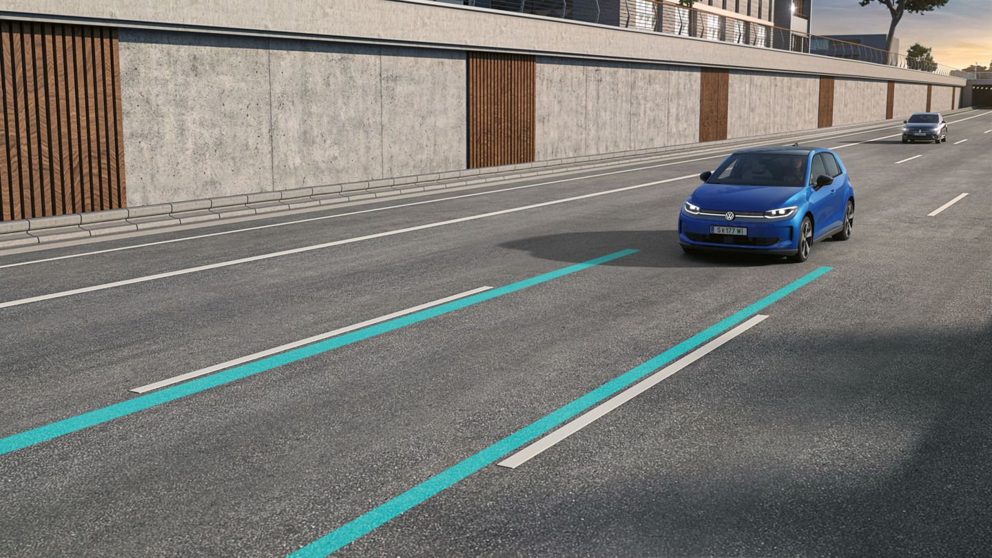 Илюстрацията схематично показва функционалността на Lane Assist чрез син VW ID. Polo