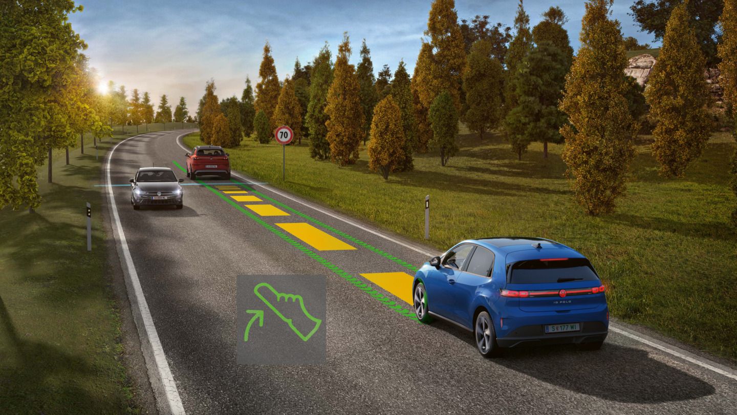Илюстрацията схематично показва функционалността на Eco Assistance чрез син VW ID. Polo