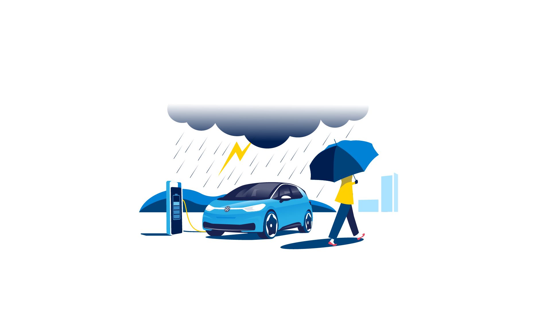 Volkswagen ID.3 е паркиран и се зарежда под дъжда. Покрай него минава човек.