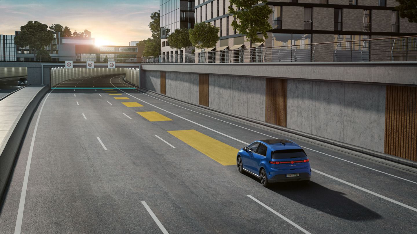 Илюстрацията показва схематично използване на VW ID.Polo, за да се покаже как работи автоматичният контрол на разстоянието