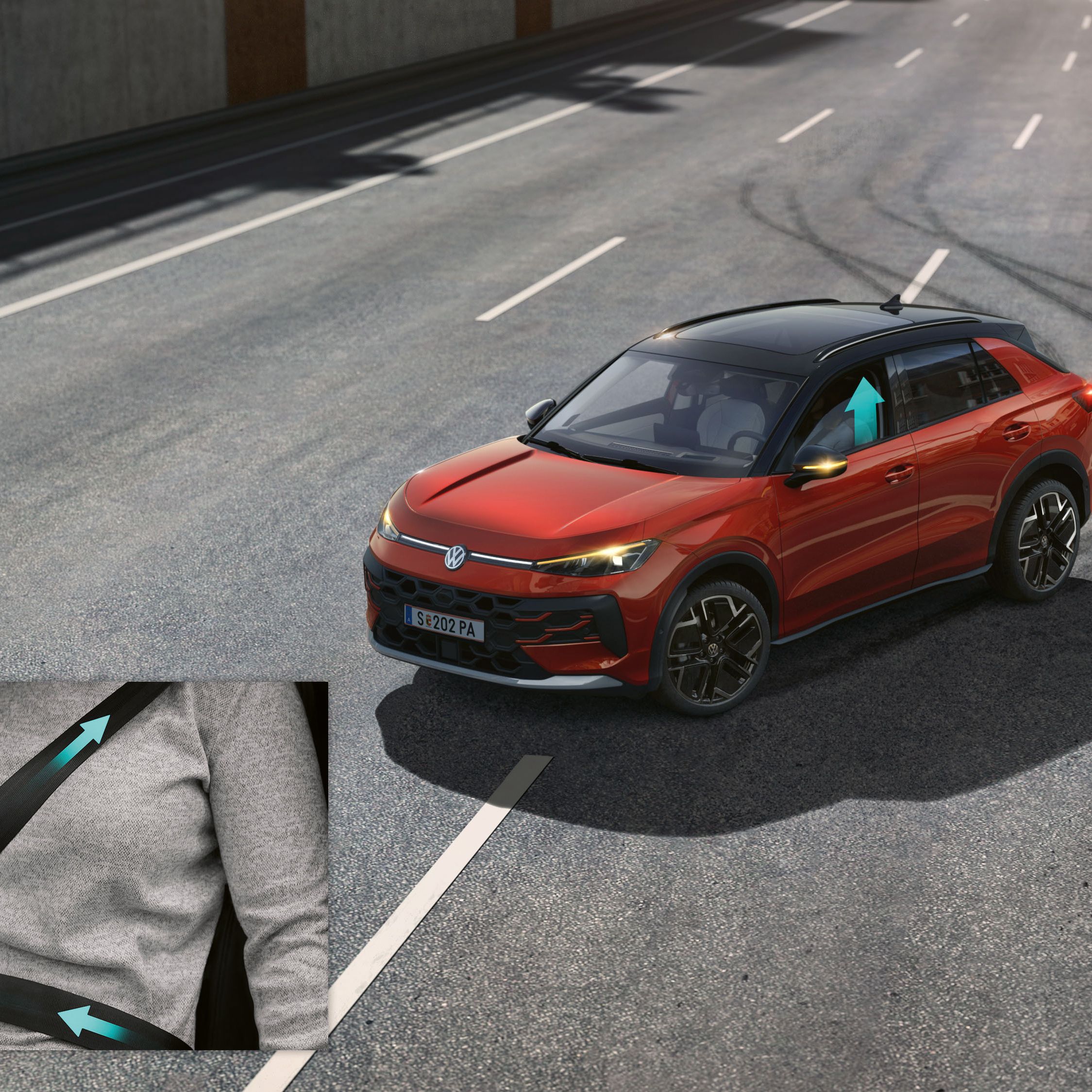 Червен Volkswagen ID.5 при тест на системи за безопасност с акцент върху активацията на предпазния колан
