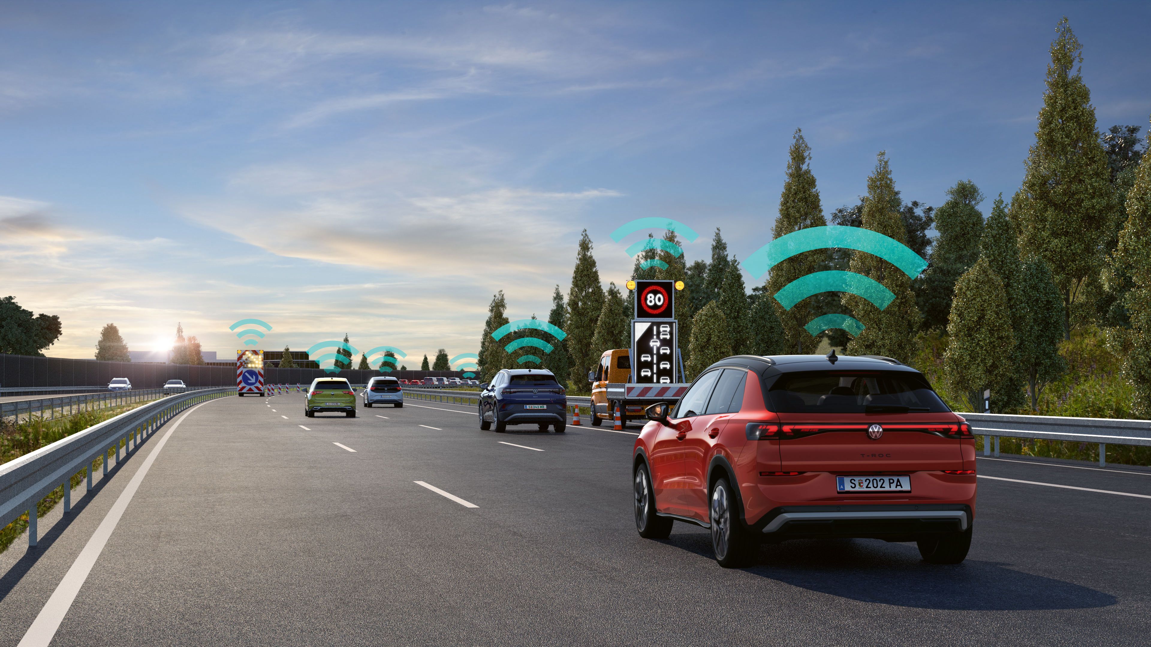 Червен Volkswagen ID.5 на магистрала с активирана Car2X комуникация за свързаност и безопасно движение