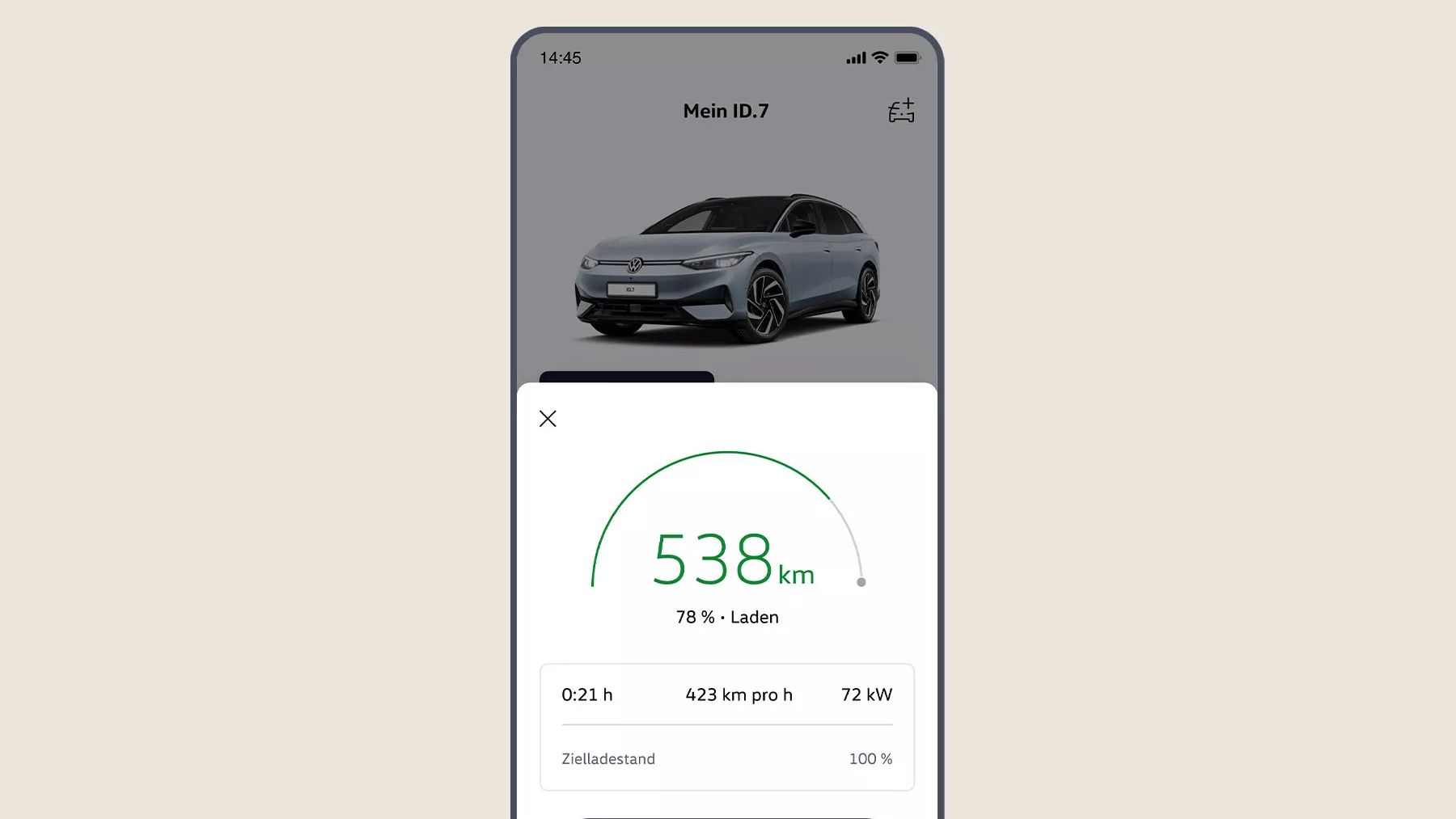 Вижте в приложението на Volkswagen с обхват, напредък на зареждането и статус на целевото зареждане.