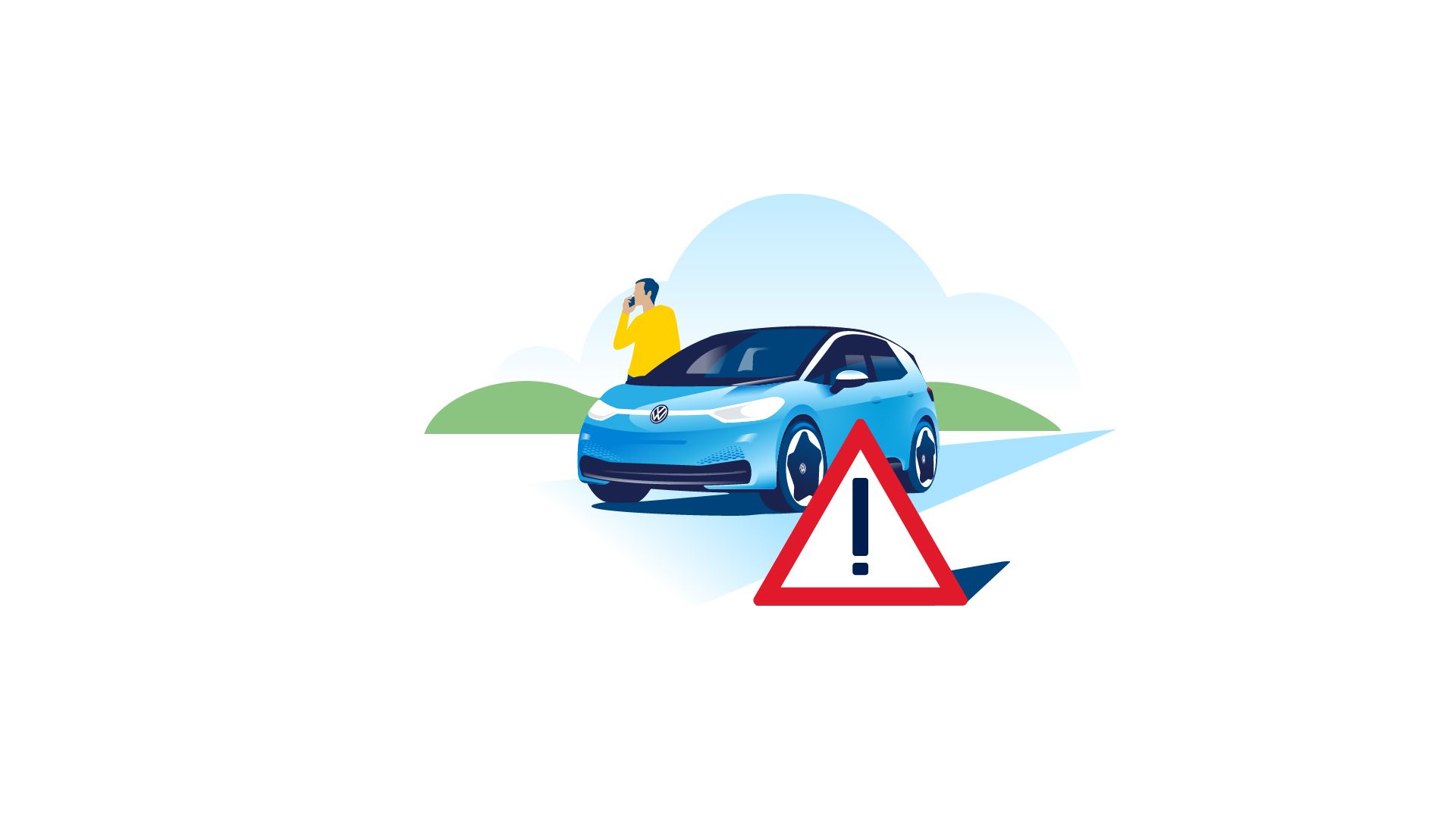 Авариен триъгълник е поставен пред Volkswagen ID.3. Зад него има мъж, който говори по телефона.