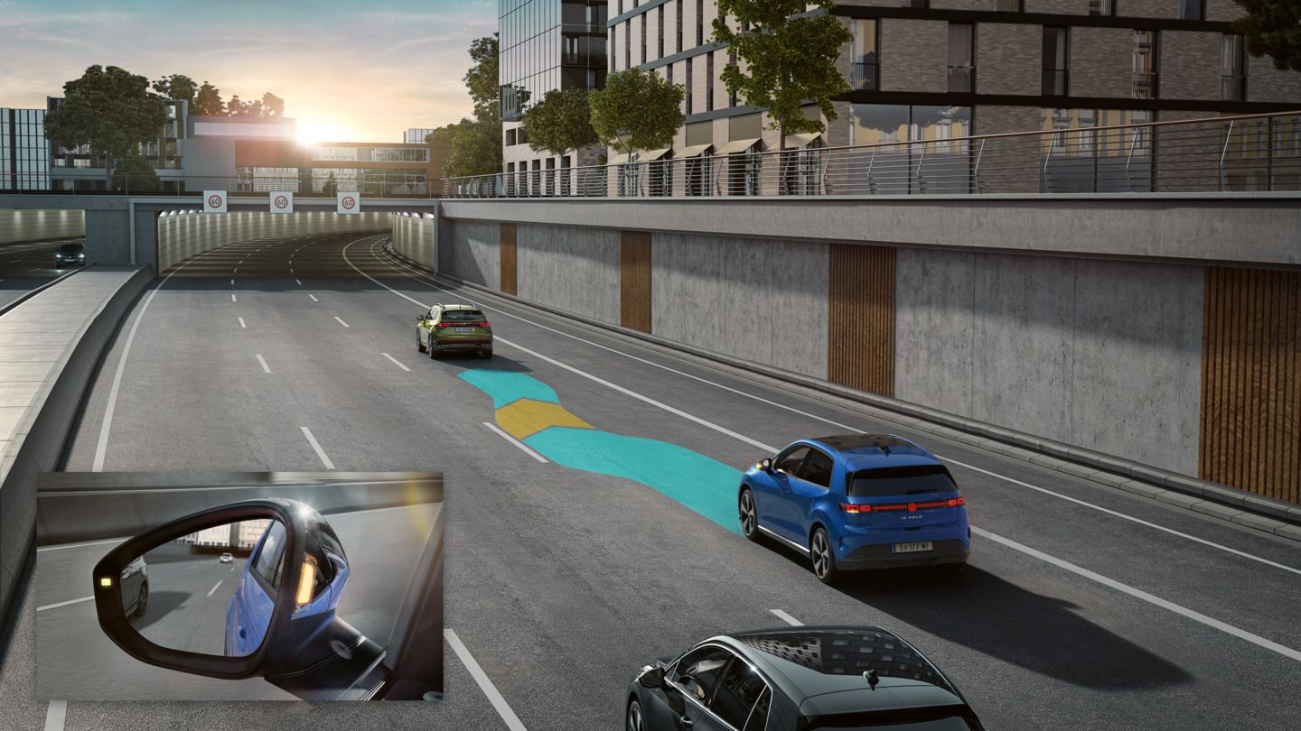Илюстрацията схематично показва как работи Side Assist с помощта на VW ID.Polo