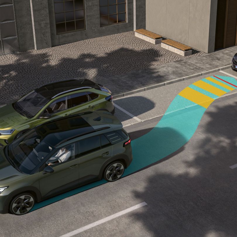 Илюстрацията показва VW ID. Cross. Преминаване назад към странично паркинг място с Park Assist Plus.