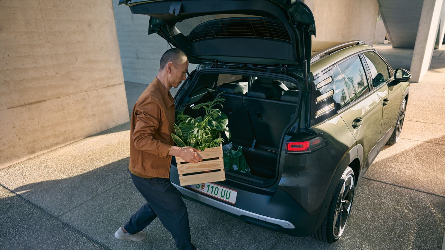Мъж товари дървена кутия с растения в отворения багажник на зелен VW ID. Cross
