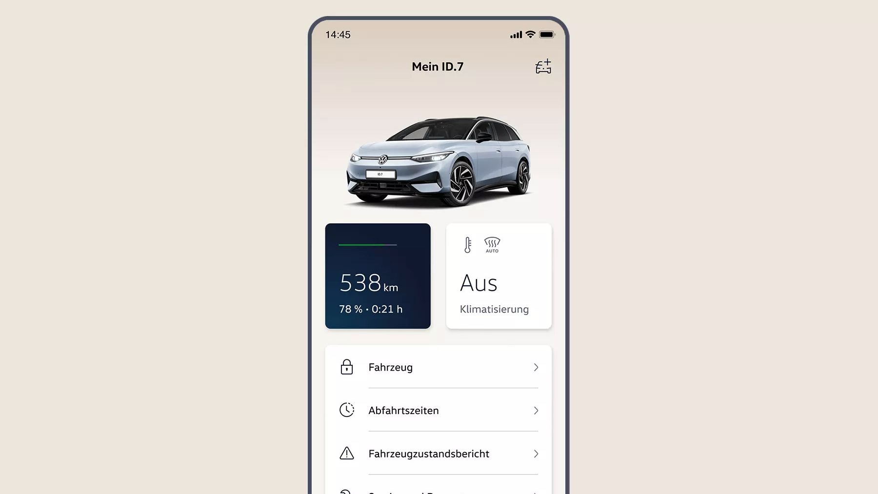 Скрийншот от смартфон на приложението VW, който показва син VW ID.7 диагонално отпред. Под него се показват пробегът (538 км, 78%) и климатикът (статус: изключен). В списък по-долу можете да видите други елементи в менюто като часове на заминаване, доклад за състоянието на автомобила и сервизен партньор.