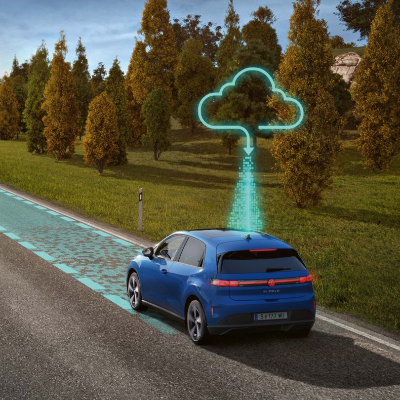 Илюстрацията схематично показва функционалността на Travel Assist с син VW ID. Polo