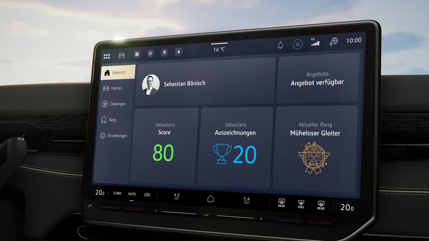Das Bild zeigt das Infotainment System eines ID. Modells und den Modus "Fahrstil"