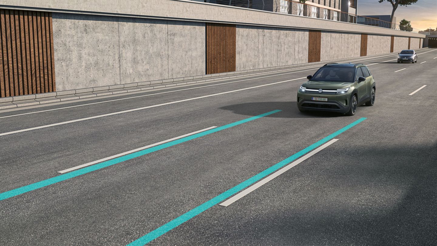 Илюстрацията схематично показва функционалността на Lane Assist с помощта на зелен VW ID. Cross