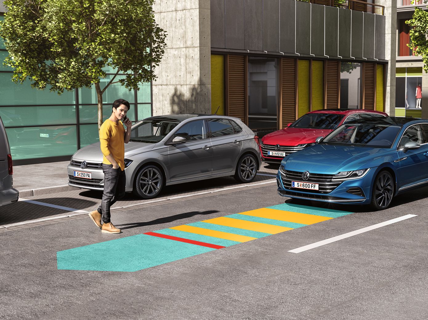 Volkswagen Arteon Shooting Brake в синьо спира автоматично благодарение на система за разпознаване на пешеходци