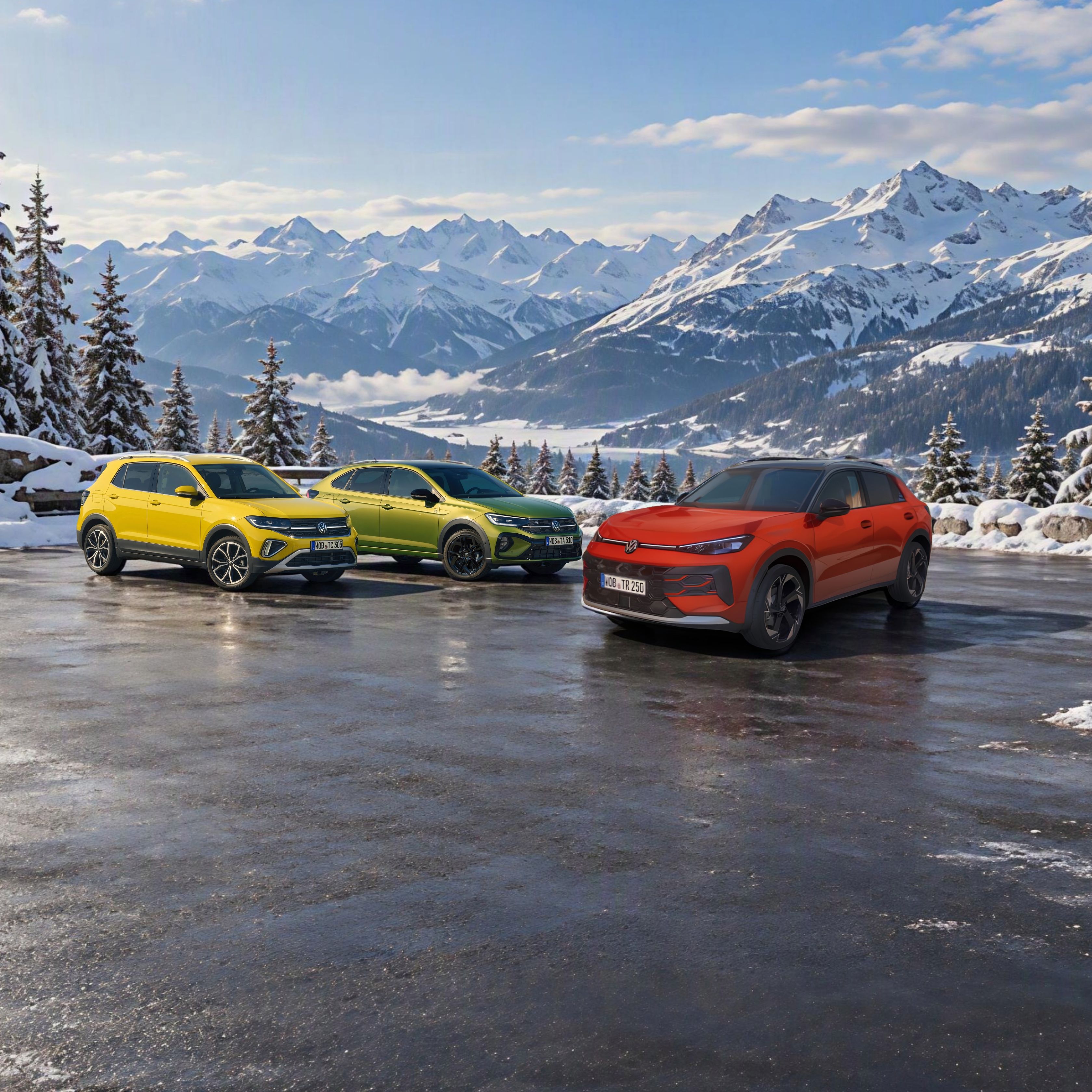 Taigo, T-Cross, T-Roc SUV – жълт, зелен и оранжев – са паркирани върху мокър асфалтов паркинг, заобиколен от сняг. В далечината се виждат заснежени планински върхове и борови гори под ясно синьо небе. Слънцето ниско на хоризонта кара снега и мокрия път да блестят.