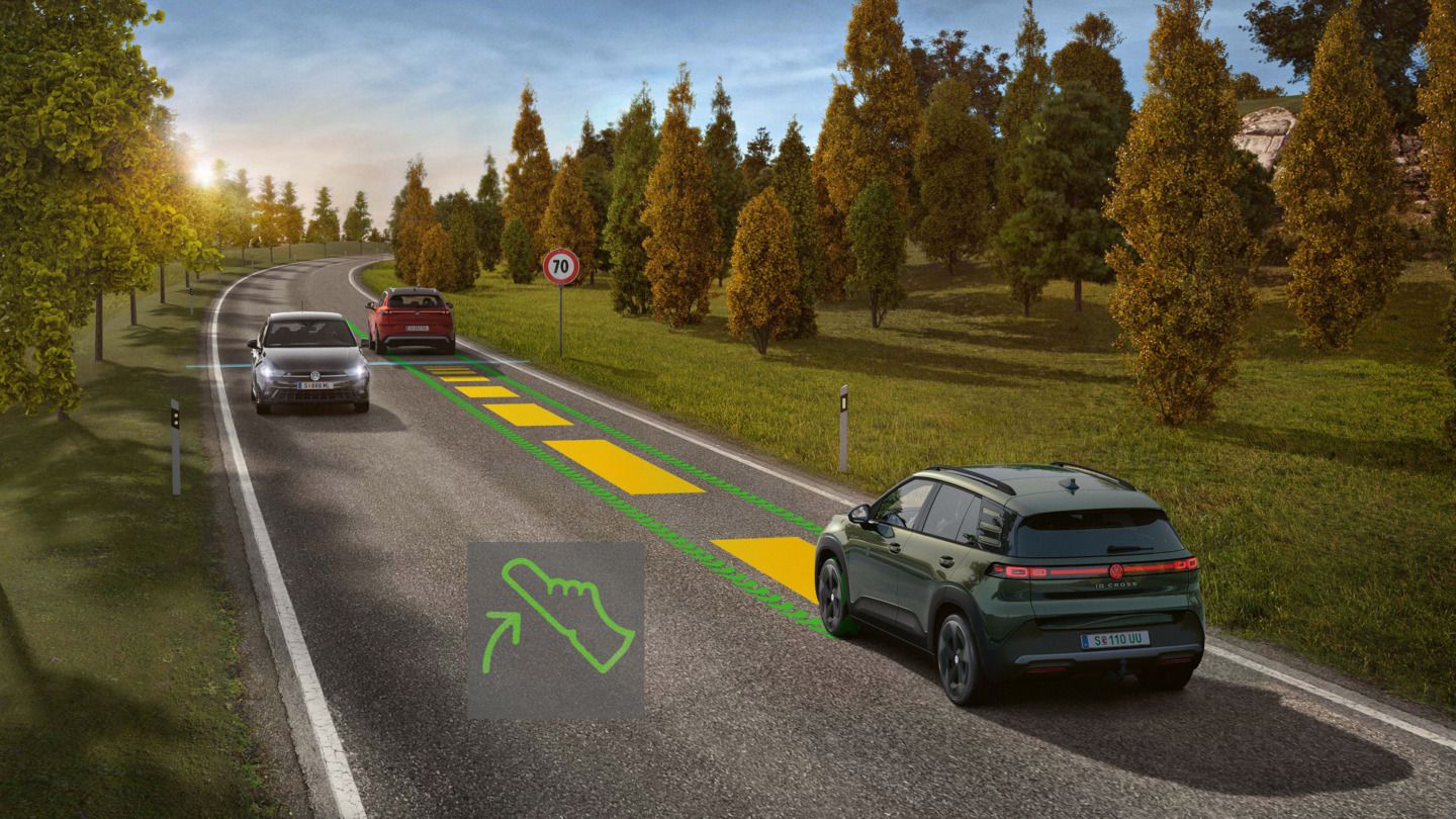 Илюстрацията схематично показва функционалността на Eco Assistance с помощта на зелен VW ID. Cross