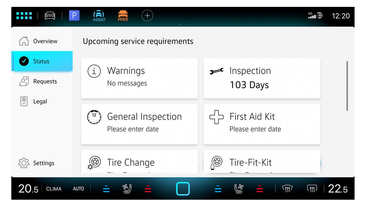 Екранът показва преглед на статуса на превозното средство в приложението In-Car Vehicle Service