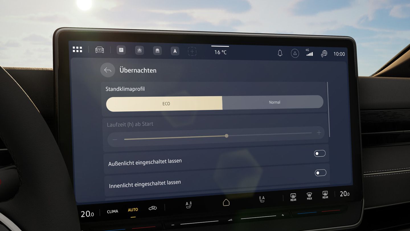 Das Bild zeigt das Infotainment System eines ID. Modells und den Modus "Übernachten"