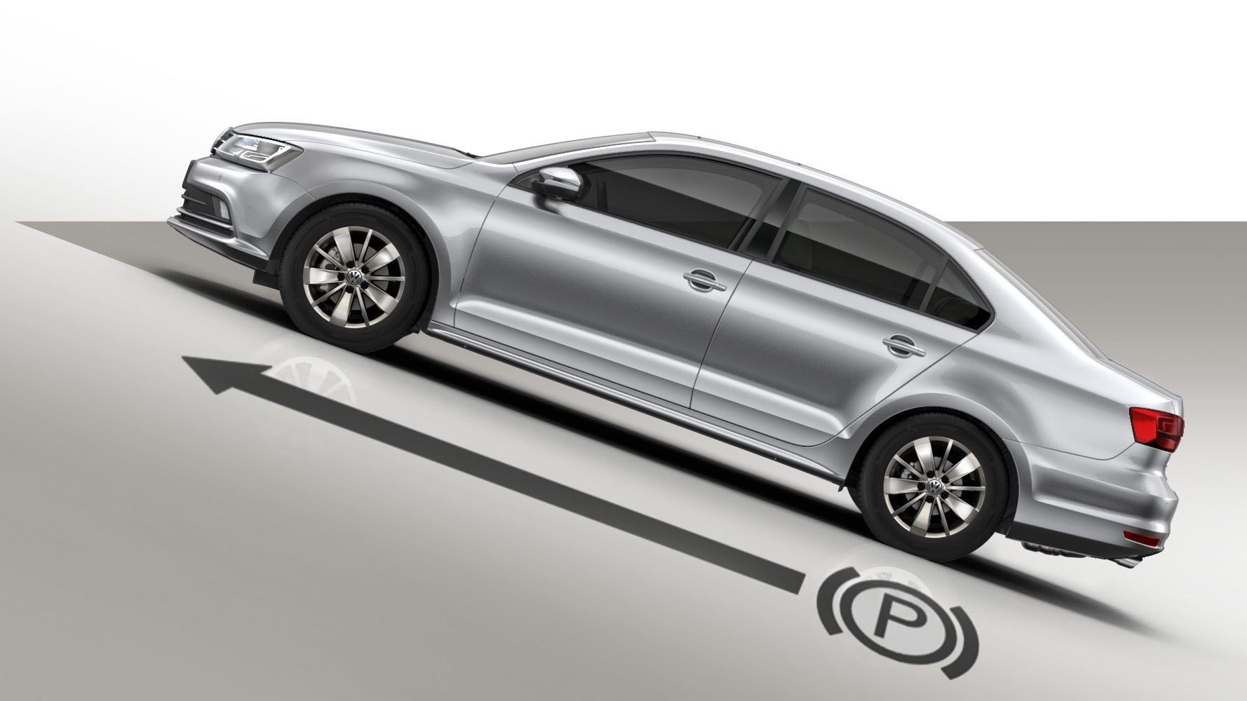 Сребрист Volkswagen демонстрира функцията Hill Hold Assist за безопасно потегляне по наклон