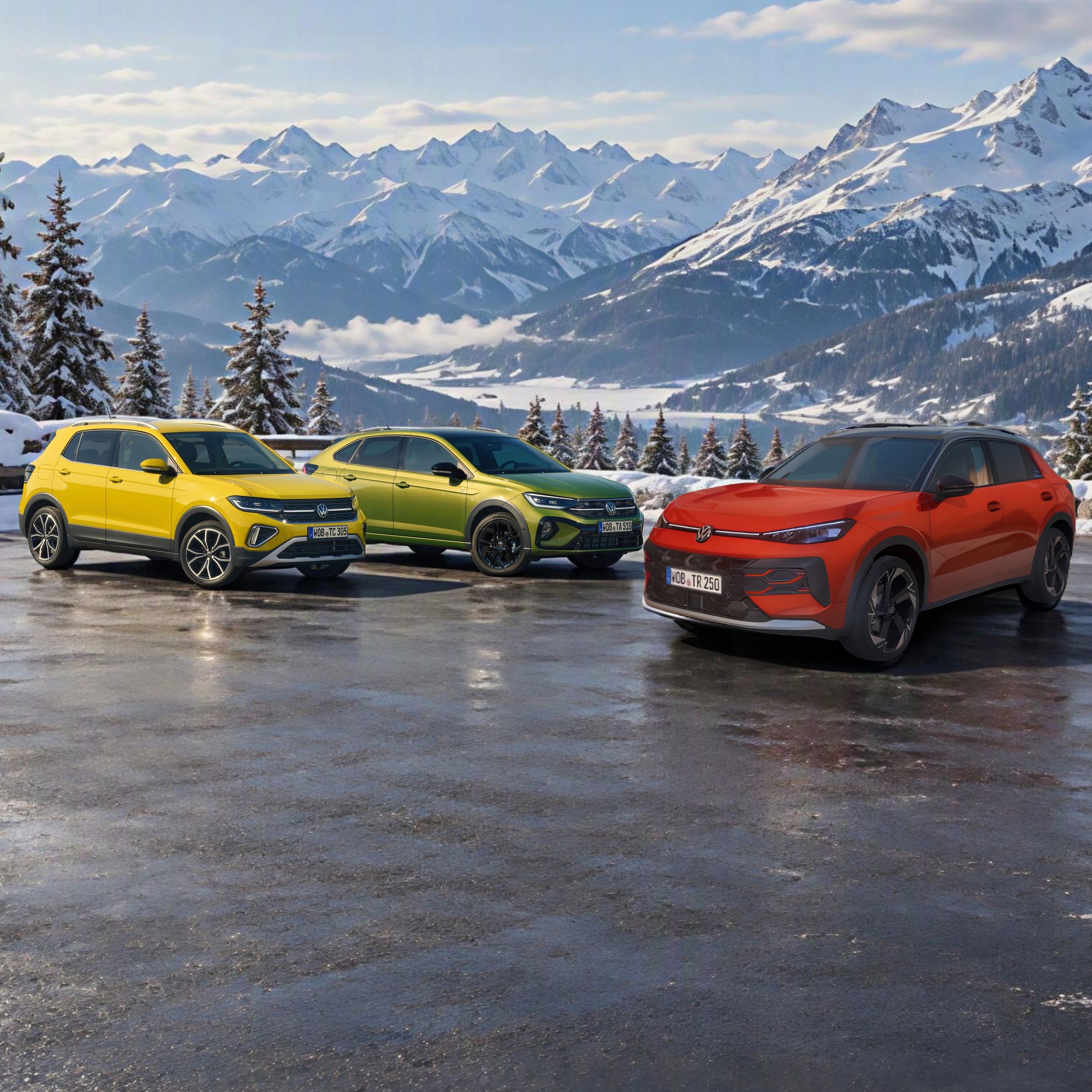 Taigo, T-Cross, T-Roc SUV – жълт, зелен и оранжев – са паркирани върху мокър асфалтов паркинг, заобиколен от сняг. В далечината се виждат заснежени планински върхове и борови гори под ясно синьо небе. Слънцето ниско на хоризонта кара снега и мокрия път да блестят.