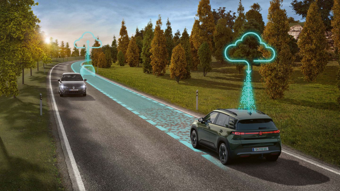 Илюстрацията схематично показва функционалността на Travel Assist с помощта на зелен VW ID. Cross