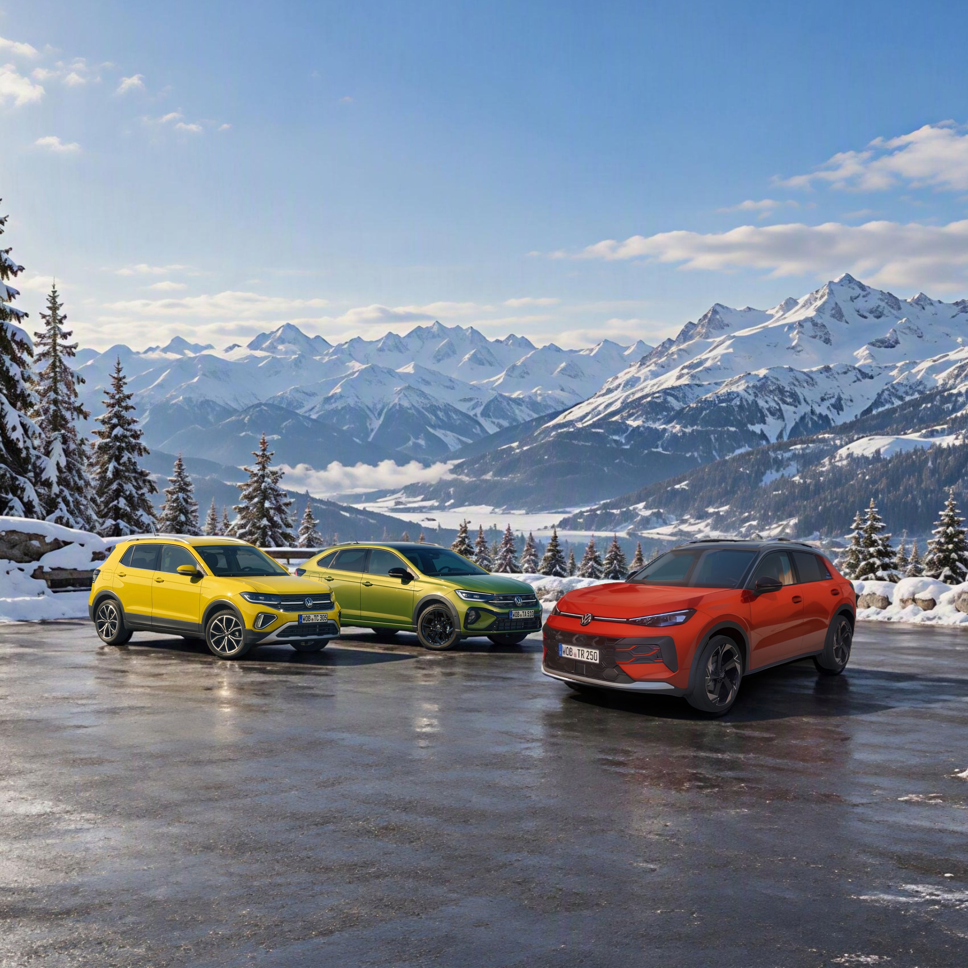 Taigo, T-Cross, T-Roc SUV – жълт, зелен и оранжев – са паркирани върху мокър асфалтов паркинг, заобиколен от сняг. В далечината се виждат заснежени планински върхове и борови гори под ясно синьо небе. Слънцето ниско на хоризонта кара снега и мокрия път да блестят.