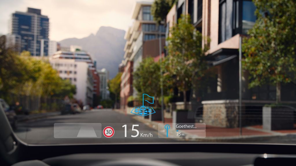 Поглед отвътре към челното стъкло на VW ID. с Head-up-дисплей с добавена реалност.
