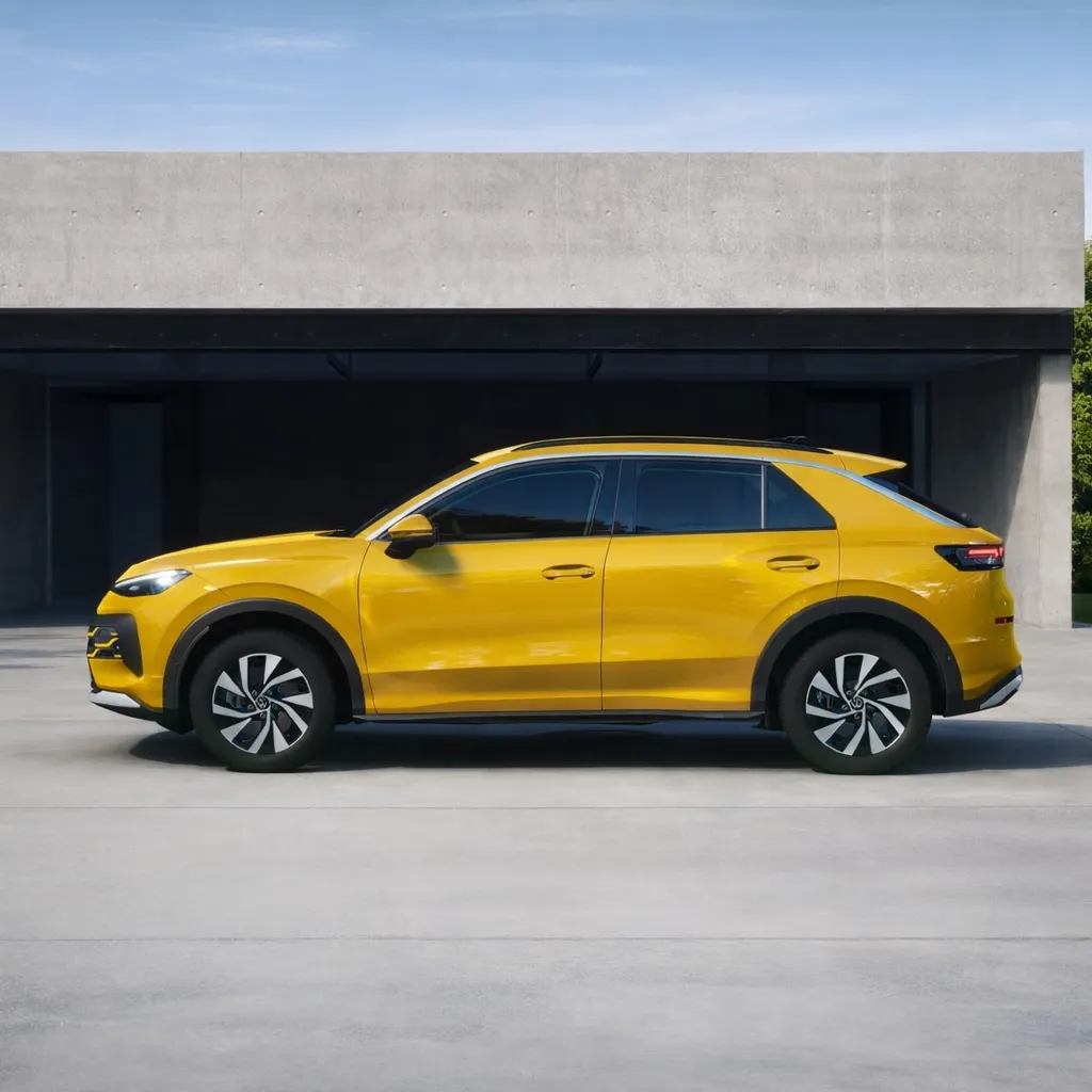 Жълт T-Roc тип SUV е паркиран на бетонна площадка пред модерна сграда с минималистичен дизайн. Зад автомобила се вижда зелена растителност. Небето е ясно и слънчево.